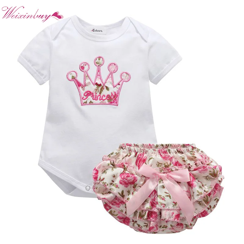 

2Pcs/Lot Summer Infant Baby Girls Clothing Sets Cotton Flower Print Romper+Shorts Baby Sets Girl Clothes