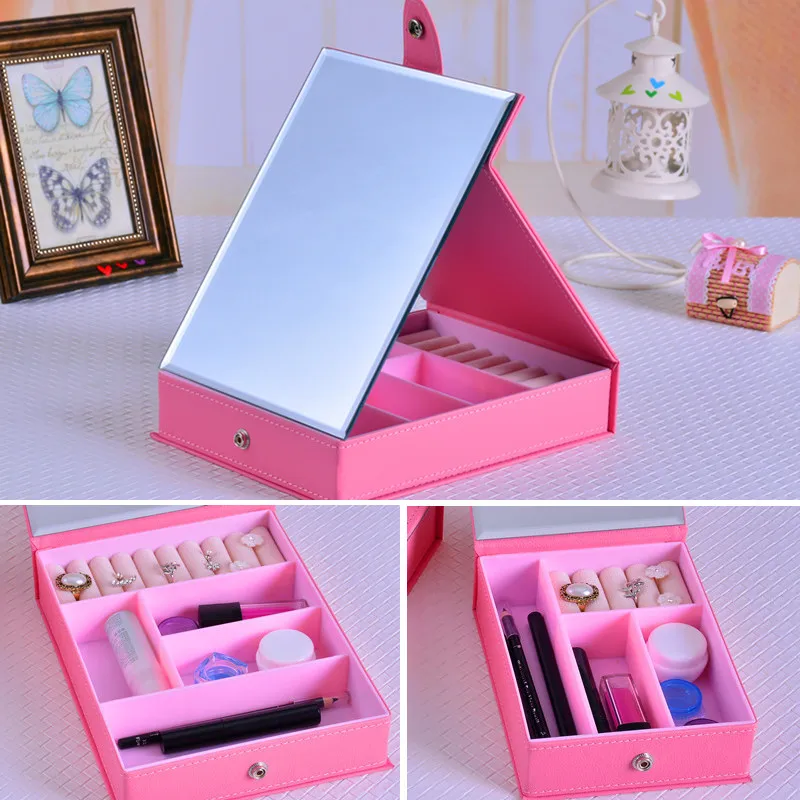 Cosmetic Storage Boxes With Makeup Mirror Black/Pink Leather Box