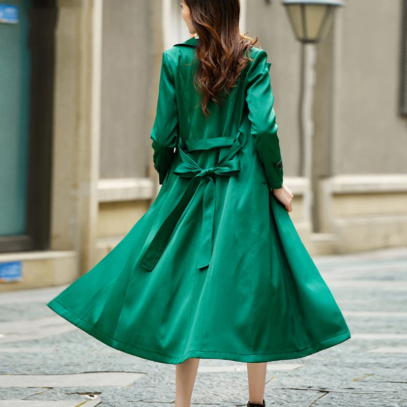 S-3XL, зеленый, элегантный, однотонный, Женский Тренч, новинка, осенний, отложной воротник, средней длины, тонкий, женская верхняя одежда, пальто с поясом G686