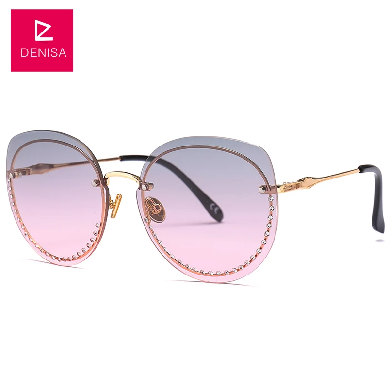 Gold GrayPink DENISA, негабаритные солнцезащитные очки "кошачий глаз" для женщин,, модные, стразы, солнцезащитные очки, женские очки, Ретро стиль, UV400, zonnebril dames G18628 - Цвет линз: Gold GrayPink