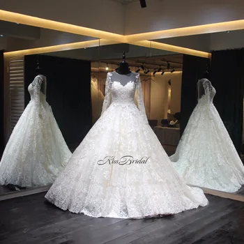 شراءفاخر كاتدرائية/ذيل ملكي فساتين الزفاف 2020 خمر دانتيل فستان عروس كم طويل Vestidos De Noiva