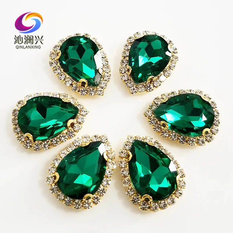 

Malachite green Golden bottom Top grade Glass Crystal buckle,Drop shape sew on rhinestones,Diy wedding decoration 10pcs/pack