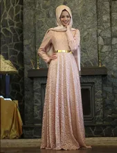 Pink Lace Muslim Evening Dresses Women Long Sleeves Sash Abaya Evening Gown Hijab A Line Caftan Evening Dress