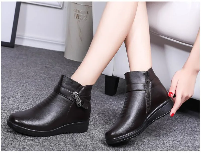 CEYANEAO2019Fashion Winter Shoes women's genuine leather ankle Wedges boots Casual Comfortable Warm Woman Snow BootsE1613