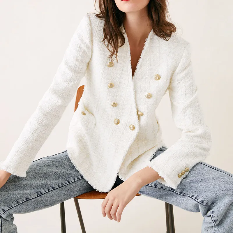 

Newest Runway 2019 Designer White Blazer Women's Metal Buttons V Neck Wool Blends Tweed Blazer Coat casual Jacket chic tops N853