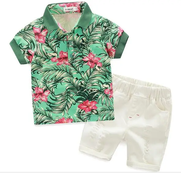 Kimocat/Одежда для мальчиков; футболки-поло с цветочным принтом+ белые повседневные шорты; детская одежда; комплекты летней одежды - Цвет: g