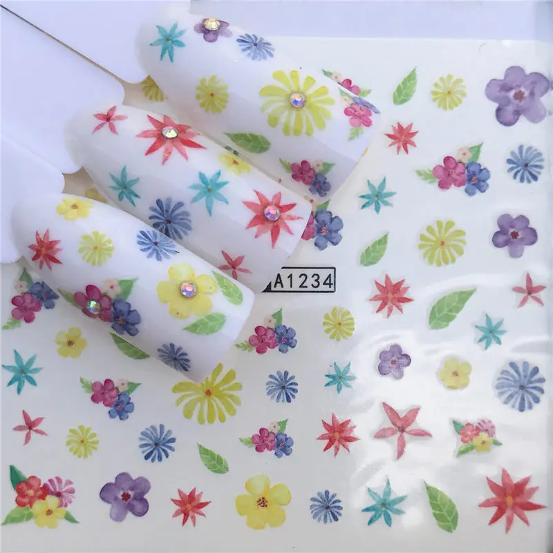 1 лист перо/Цветок Лето/маленькие свежие цветы изображения наклейки для ногтей искусство Красочные Полный обертывания наклейка на ногти водная кончики - Цвет: YZW-A1234