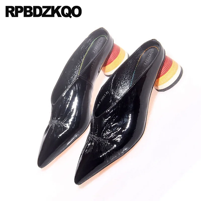 Pompes Sandales jaune Haute Véritable Marque Chunky Pour Noir rouge Bout Verni Femmes Pointu blanc Rouge Noir Moyen En Talons Cuir Mules Pantoufle 2018 Jaune Chaussures ASxqRS0wvf