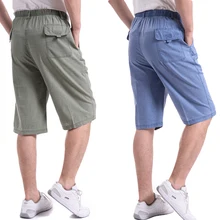 Мода лето г. старый для мужчин эластичный пояс пожилых Лен свободные однотонные, до колена шорты для женщин повседневные короткие брюки плюс разме