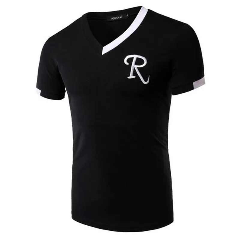 

2018 New Men Cotton t shirt Fashion Embroidery "R" Slim Short Sleeve Stitching Collar V-Neck Classic T-Shirts Man Tops Clothing