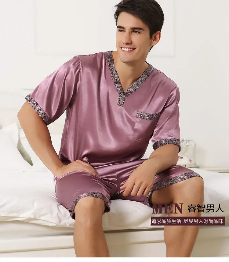 Сексуальные мужские пижамы из искусственного шелка, модные пижамы с v-образным вырезом, мужские пижамы с коротким рукавом, комплекты из