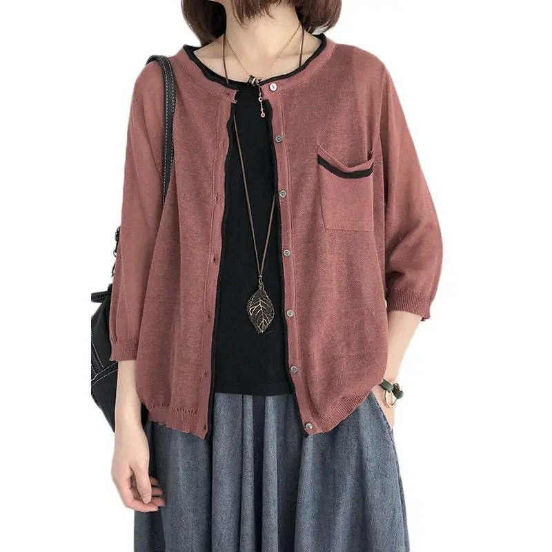 

Simple Linen Sunscreen Cardigan Women's Casual Summer Jacket Loose Shawl Thin Section Seven-point Sleeve Coat Knitted Tops f706