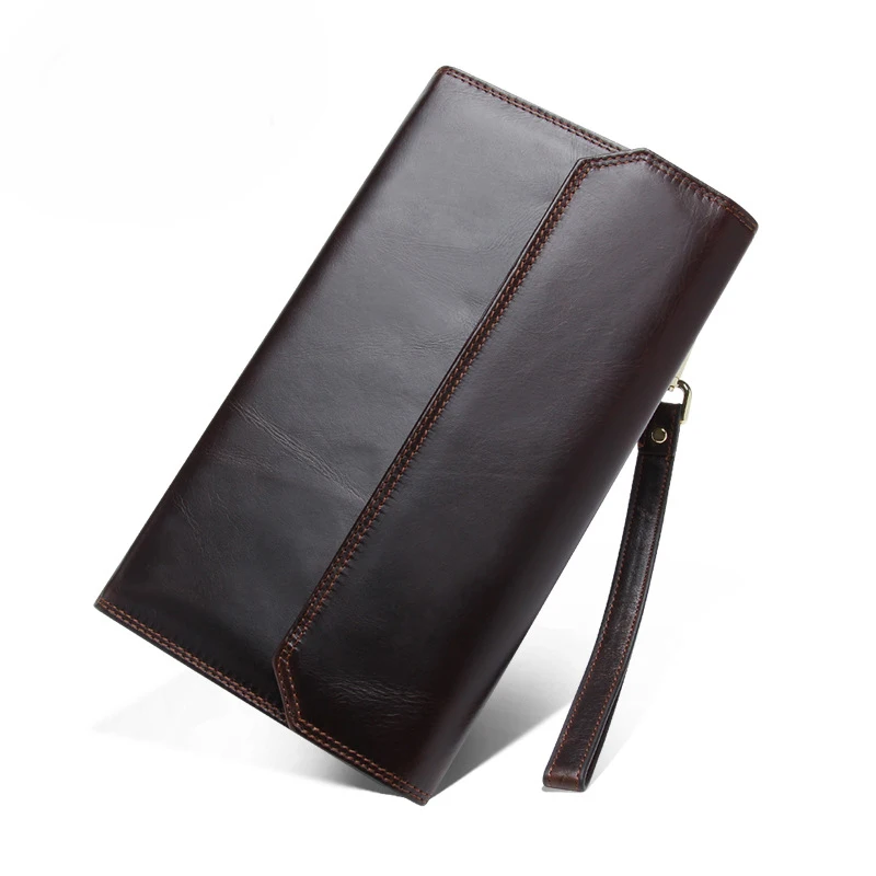 

Men Business Wallets Sheepskin Genuine Leather Large Capacity Button Dollars Bit Credit Card Holder Wristlet Long Purse Hand Bag