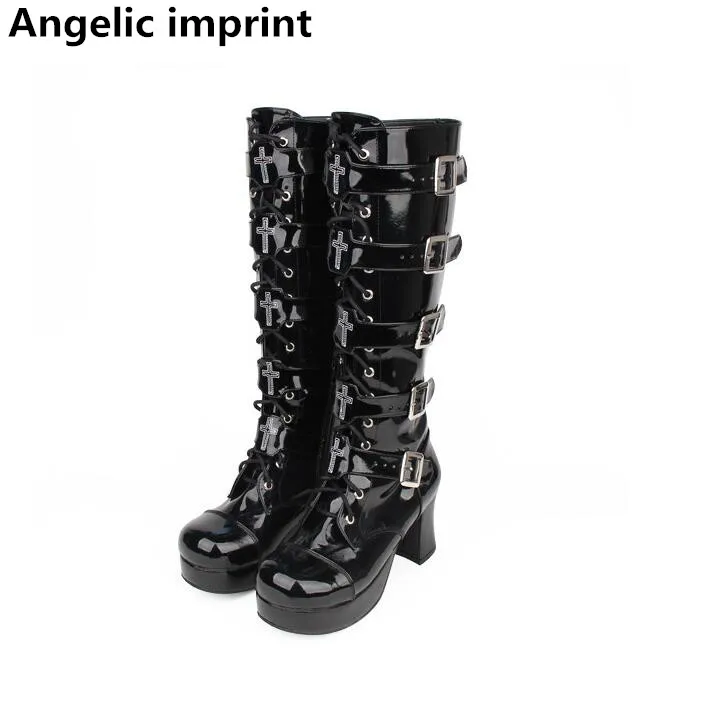 

Angelic imprint mori girl Women motorcycle punk boots lady high heels lolita shoes woman princess dress pumps 8cm 33-47 buckles