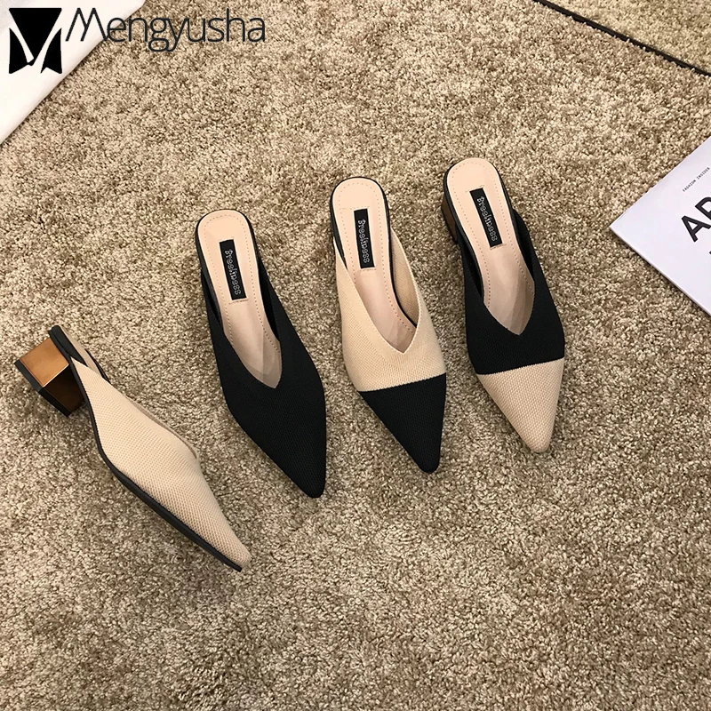 

Slippers Women breathable sandals summer weave mixed color pointed mules shoes woman lazy chunky heels slides 2019 new flipflops