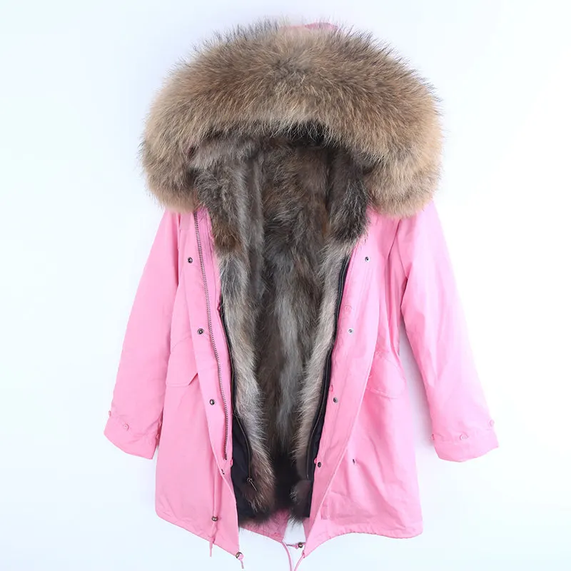 new long women winter jacket thick parkas raccoon natural real fur collar coat hooded real warm fox fur liner outwear - Цвет: pink