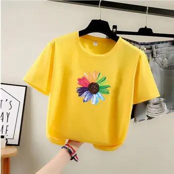 

Zuolunouba Summer Clothes Casual Women T Shirt Printing Harajuku Painted Flowers Loose Fashion Student Yellow Tees Tops Female