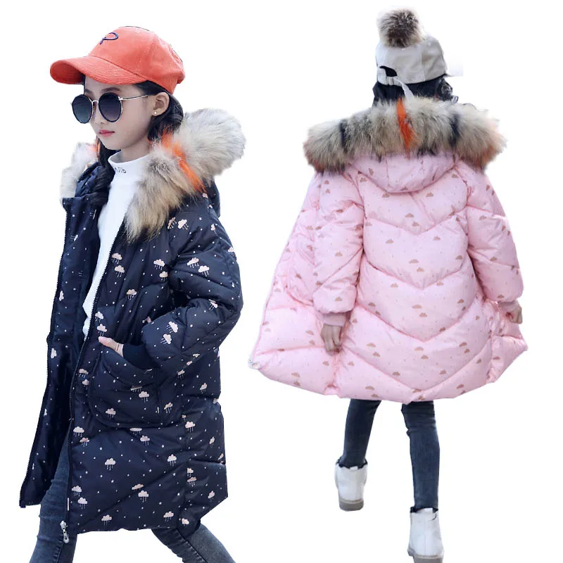 

Girls Winter Coats for Kids Outerwear Fur Collar Print Cotton Clothes Down Jacket Teenage Girls Jackets Thick Children Clothing