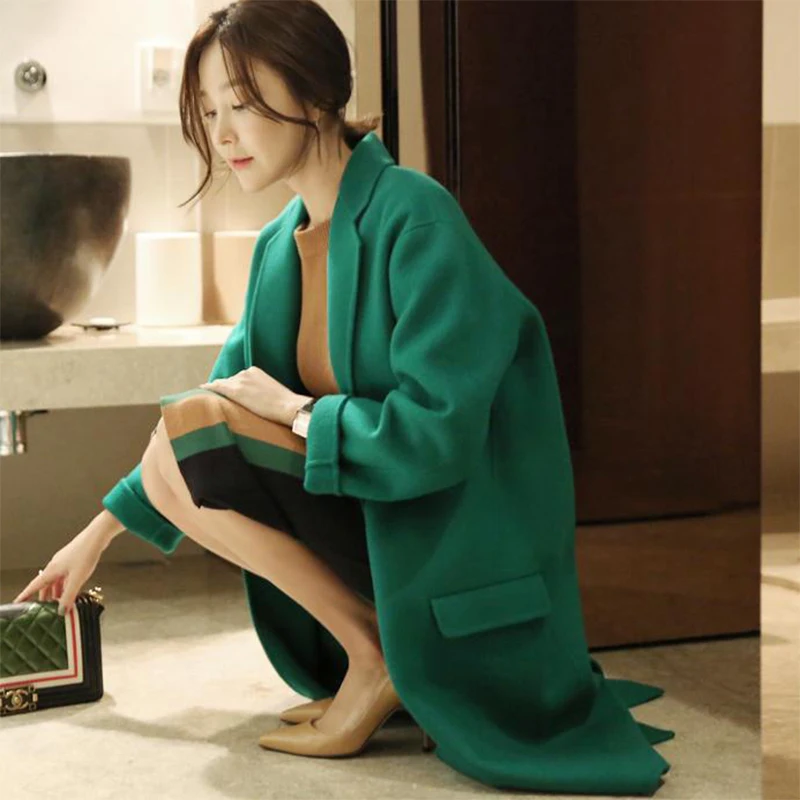 

2018 New Korean Women's Wool Coat Spring Winter Green Jacket Loose Long Cocoon Woolen Coat Female Large Size Women Coat Cashmere