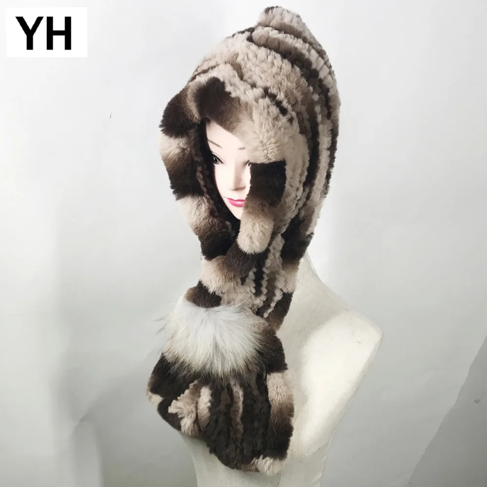 

2019 New Real Natural Rex Rabbit Fur Hooded Scarf Fashion Women Knitted Rabbit Fur Head Scarf Real Rex Rabbit Fur Scarves Shawl