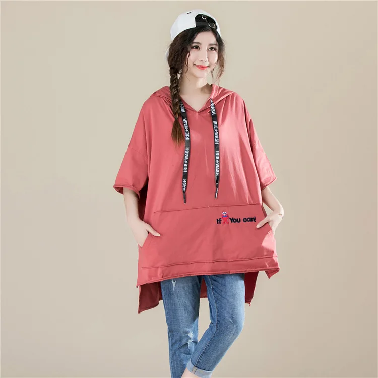 2018 Summer Loose Oversize Pocket Hooded Women T-shirt Korean Casual Bf Style Embroidery Tops Plus Size Black White T Shirt