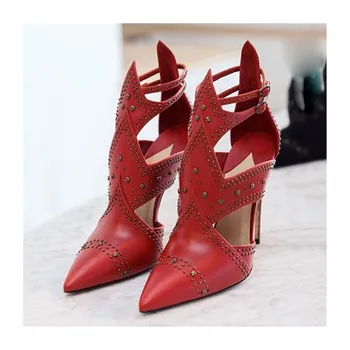 

New Red Rivets Studded Ankle Boots Women Retro Cut-out Pointed Toe Sandals Boots Sexy Lady Stiletto High Heels Party Shoes Woman