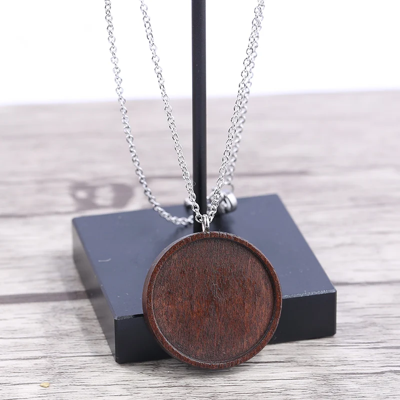 onwear 5pcs fit 25mm cabochon wood pendant base settngs diy blank necklace trays with stainless steel chain for jewelry making