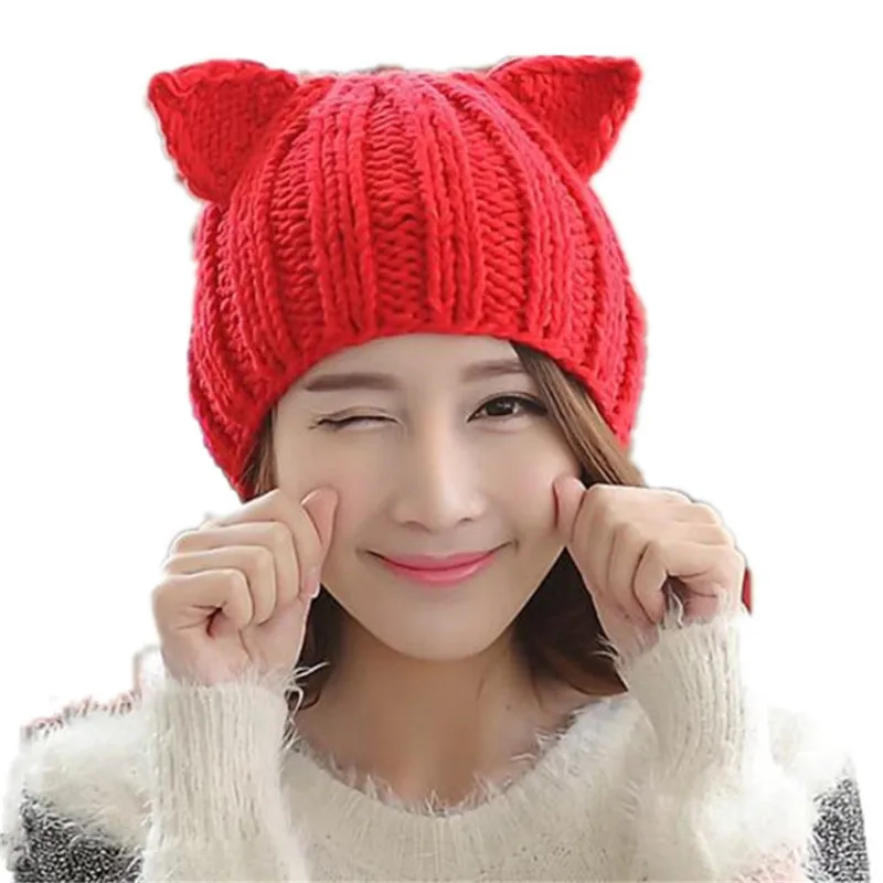 

New Winter Women's Beanies Caps Handmade Knitted Cats Ears Hats Cute Female Cardigan Thick Warm Hat Fashion chapeau femme