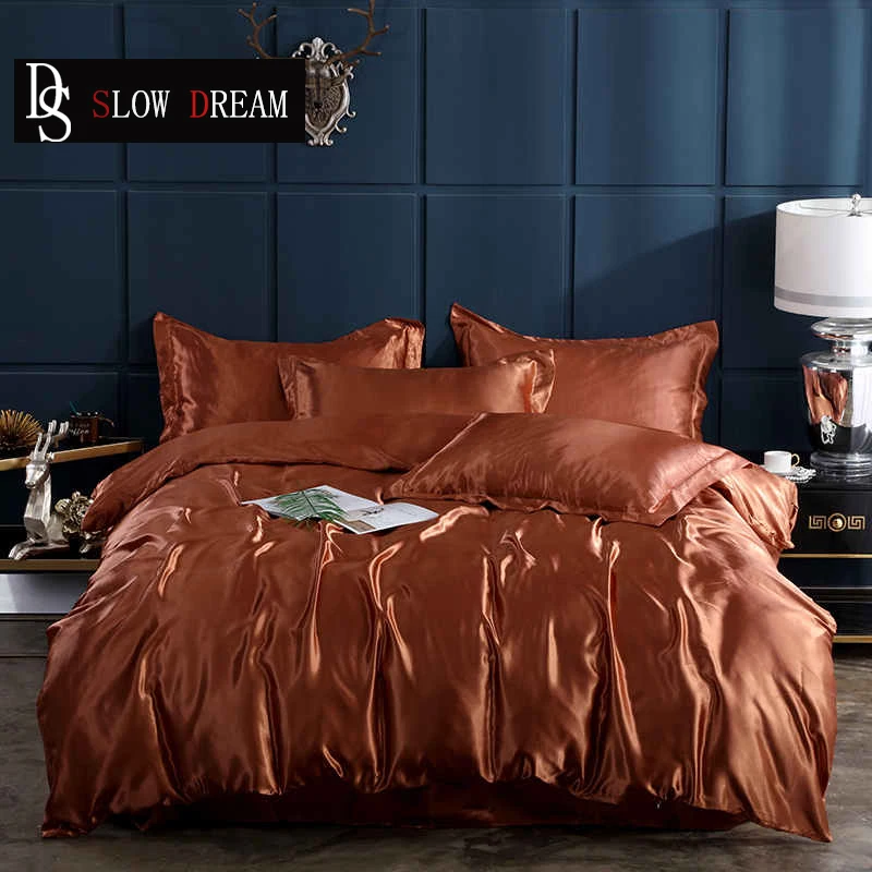 

SLOWDREAM Coffee Bedding Set 100% Satin Silk Luxury European Bedspread Double Duvet Cover Set Flat Sheet Pillowcase Bedclothes