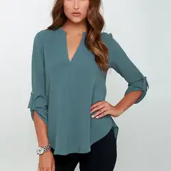 Женская блузка 2019 Весна длинный рукав v-образный вырез шифоновая блузка женские топы офисная однотонная женская рубашка блузки, женские