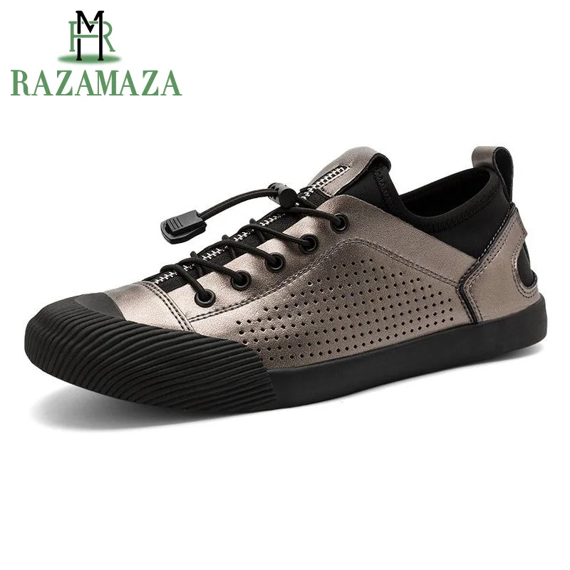 

ZALAVOR Fashion Men Real Leather Casual Shoes Hole Breathable Elastic Band flat shoes Outdoor Shoes Male Footwear Size 37-43