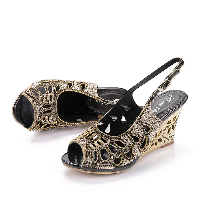G-sparrow 2018 New Summer Diamond Roman Peep Toe Crystal Stiletto High Heel Shoes Women Rhinestone Wedges Sandals37