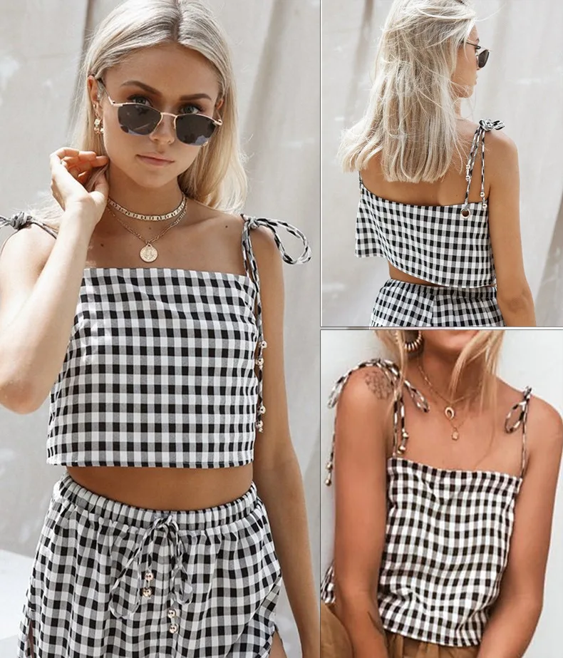 2 Piece Set Women Plaid Suit Sling Bandeau Vest Top + Split Fork Long Skirt Female Two Piece Set Full Length Pant AST001 2 Piece Set Women Plaid Suit Sling Bandeau Vest Top + Split Fork Long Skirt Female Two Piece Set Full Length Pant AST001