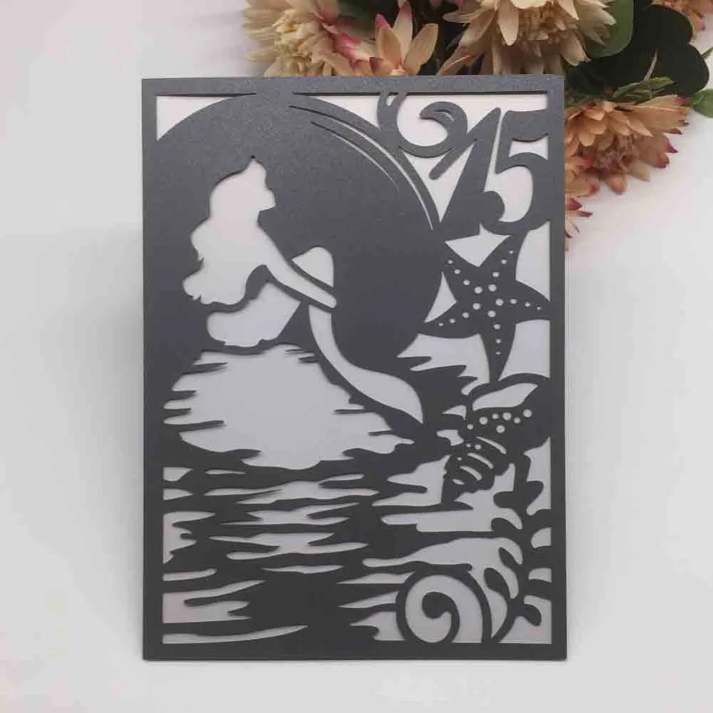 100 шт./лот Полые карты цифровой обычай Русалочка для благословения свадебные приглашения обручение 15 лет для девочек взрослых церемонии