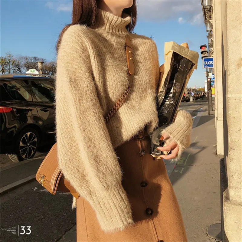 Women Turtleneck Sweater Oversize Lantern Sleeve Fluffy Faux Fur Knitted Jumper Winter Autumn Warm Pullover Female Sweaters