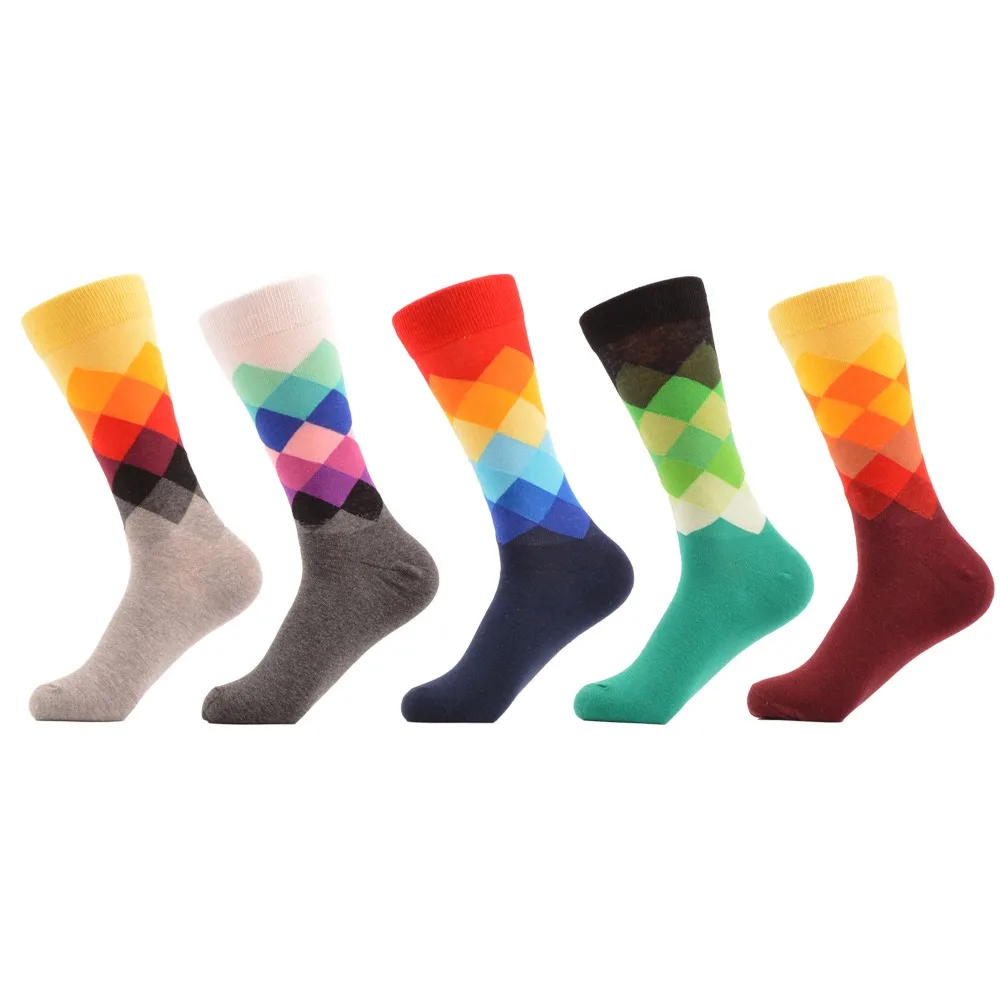 5 pair/lot Funny Pattern Bright Colorful Men Socks Argyle Oil painting Dot Striped Combed Cotton Crew Gift Box | Мужская одежда