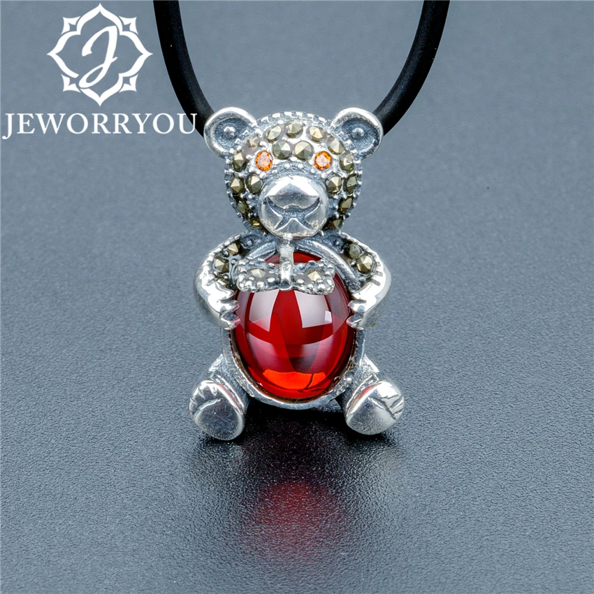 

Bear Choker Necklace For Girls Natural Stone 925 Sterling Silver Necklace 13x20mm Red Beads Cute Women Pendant