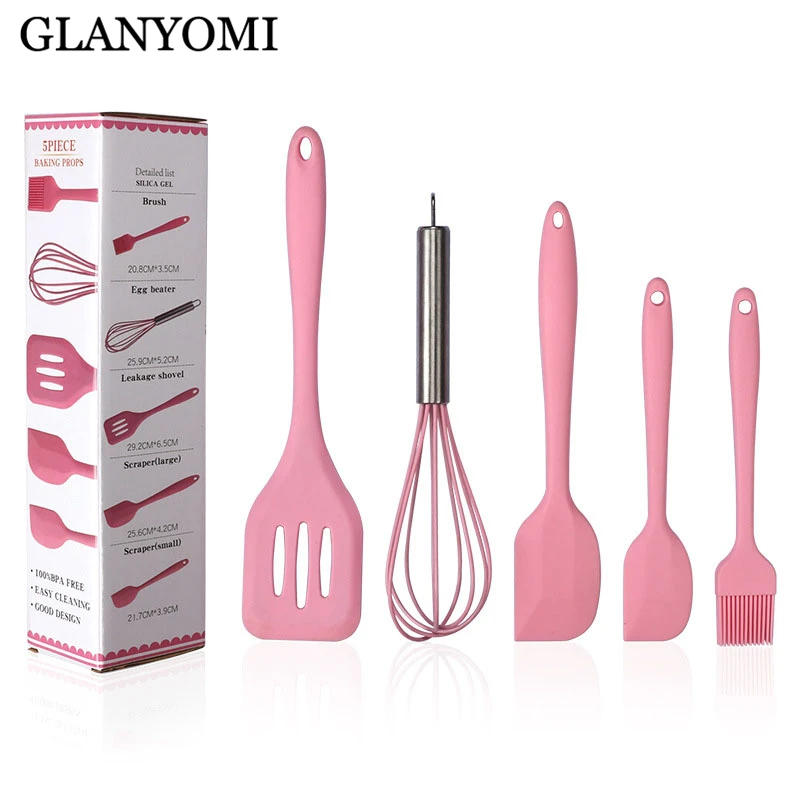Preise 5 teile satz Rosa oder Rot Silikon Kochen Werkzeug Sets Schneebesen Löffel Spachtel Öl Pinsel Geschirr Küche Utensilien Sets mit box