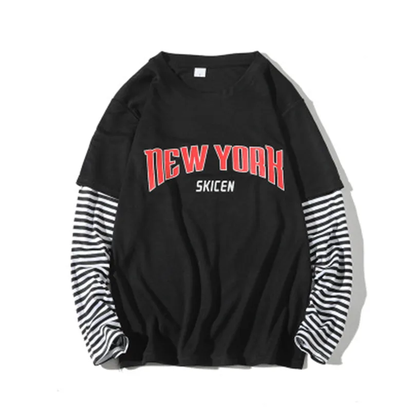 

Fashion Fake Two Pieces Mens T-Shirt Hip-Hop Stripe Splicing Casual Loose Streetwear Sweatshirt Men Tee Top Men's sports t-shirt