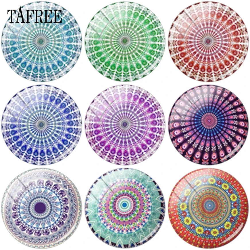 

TAFREE Colorful Mandala Pattern Round Shape Glass Cabochon Demo Flat Back Making Findings 12-20mm For DIY
