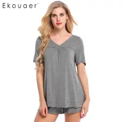 Ekouaer Для женщин мягкие пижамы комплект для сна короткий рукав одноцветное Топ с V-образным вырезом шорты брюки пижамы наборы пижамы