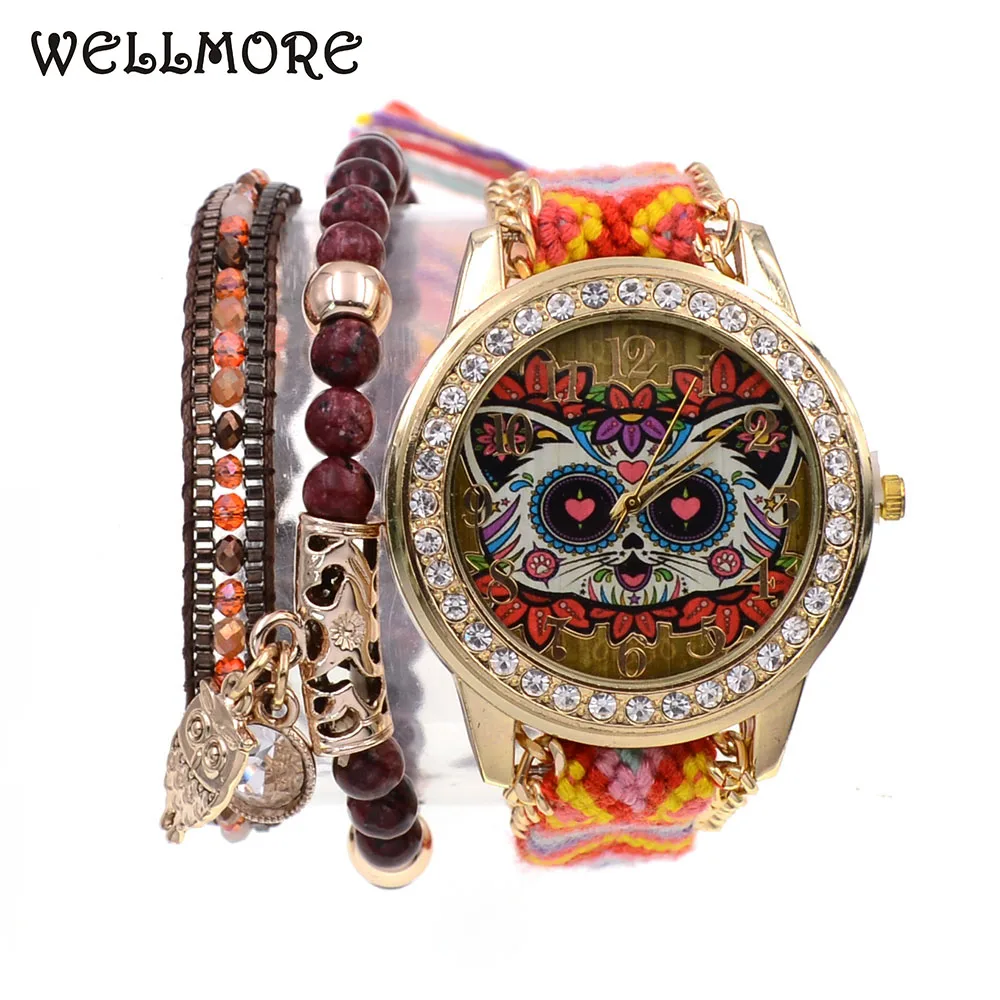 WELLMORE BOHO style Women Watches 2pcs beads bracelets with watch