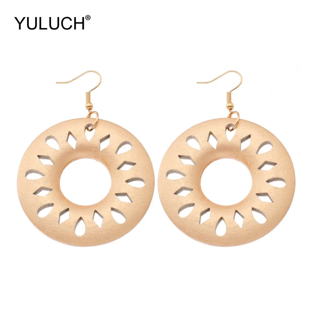 

YULUCH 2019 New Design Round Statement Girls Personality Fashion Drop Earrings Gold Silver Wood Chip Hollow Earrings For Party