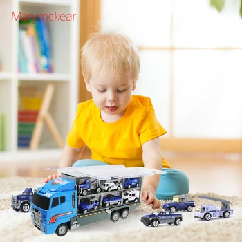 

7 pcs/set Police Alloy Container Truck Car Model Metal Vehicle Toy Trailer Cool Cool Team in Blue Birthday Present for Kids Boy