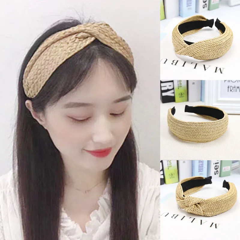 

Fashion Style Solid Knotted Handmade Straw HeadbandTurban for Women Girls Hoop Wide Female Hairband Hair Accessories Headwear