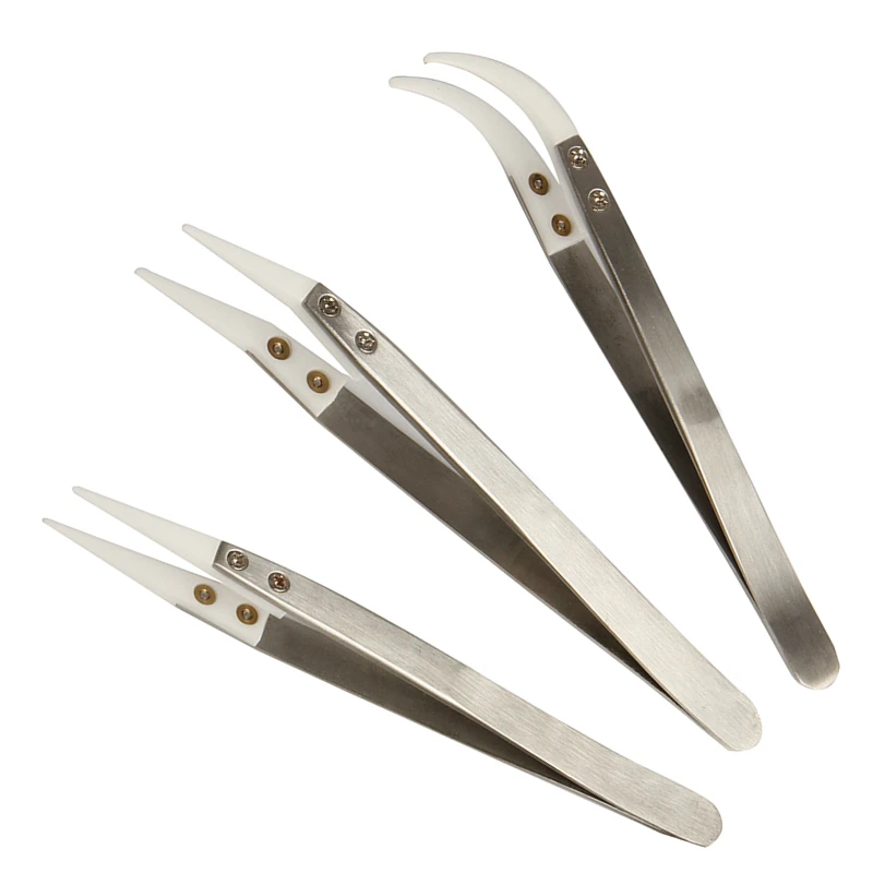 

3Pcs Antistatic Ceramic Tweezers Precision Insulated Stainless Steel Heat Resistant Multifunction Hand Tools Kits