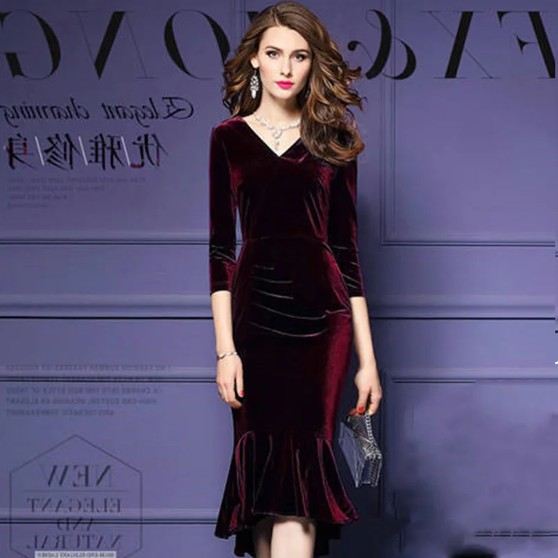 

Summer Dress Women 2019 Casual Vintage Mermaid Velvet Dress Sexy Long Party Dress Elegant Ladies Formal Party Red Dresses