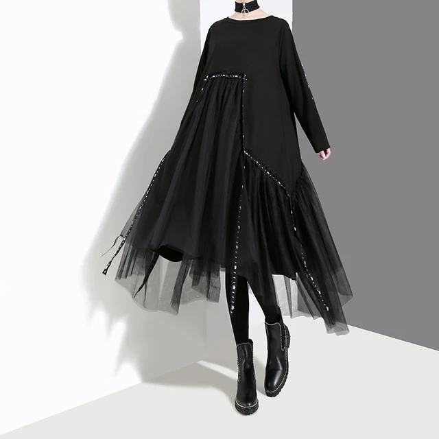 New Plus Size Woman Autumn Solid Black Loose Dress Long Sleeve Mesh Overlay Tapes Ladies Casual Style Midi Dress Robe Femme 4564 4