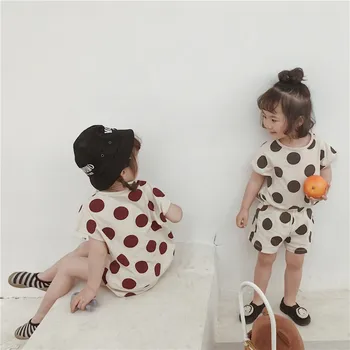 

Japanese and Korean style polka dot printed casual clothing sets for boys and girls pure cotton short sleeve T shirt + shorts