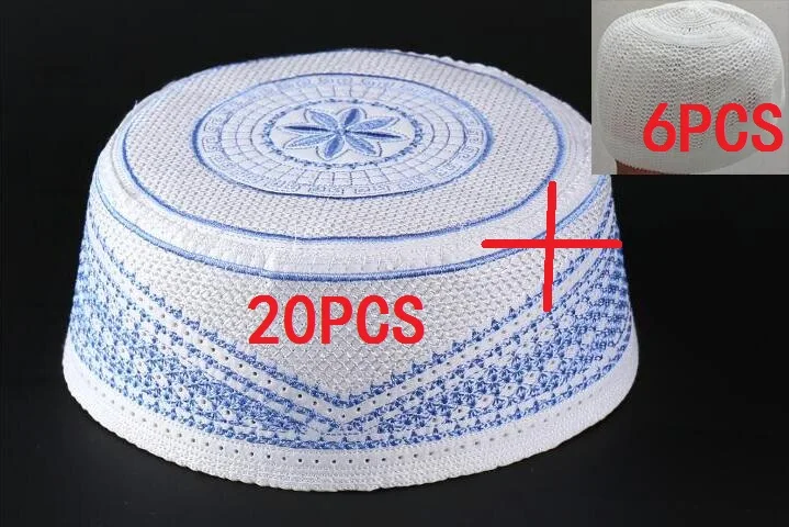

(6pcs knitted cap free) 20pcs/bag New flower Muslims embroidery hat islamic men cap turban blue,green,gold,wine Perimeter56-58cm
